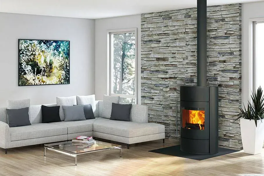 salon avec poêle à bois